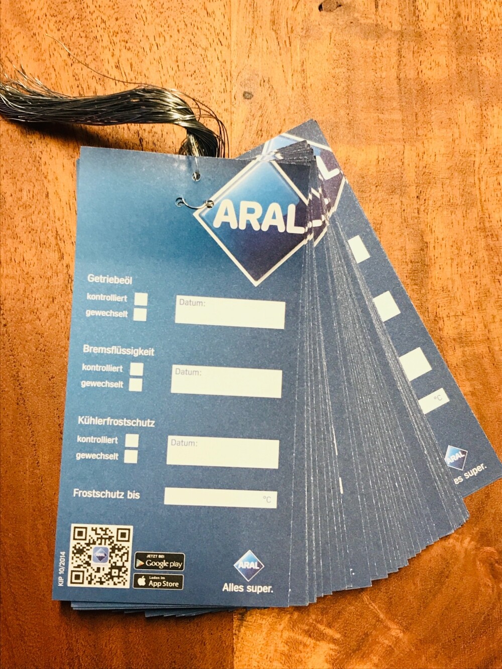 5x ARAL Ölwechselanhänger Ölzettel Inspektionszettel Frostschutz Bremsflüssigkei – Bild 2